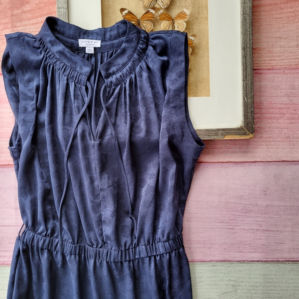 Current Air Navy Floral Print Asymmetrical Ruffle Hem Midi Dress Size Large - Picture 2 of 6